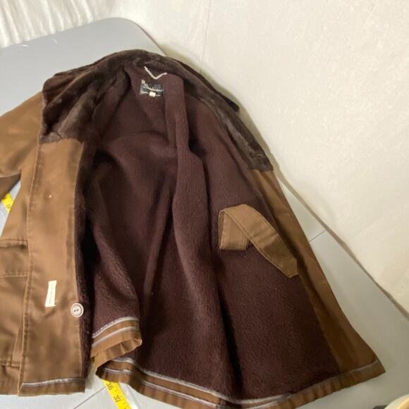 Vintage Shanhouse Mens Canvas Barn Coat Size 44 Chore Jacket Faux Fur Lined Belt - Picture 11 of 13